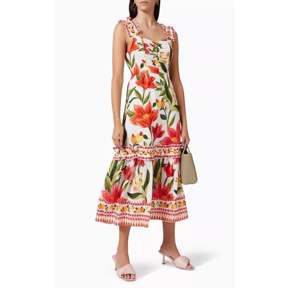Farm Rio Mixed White Prints Layered Dress L Tropical Floral Tiered Linen Smocked